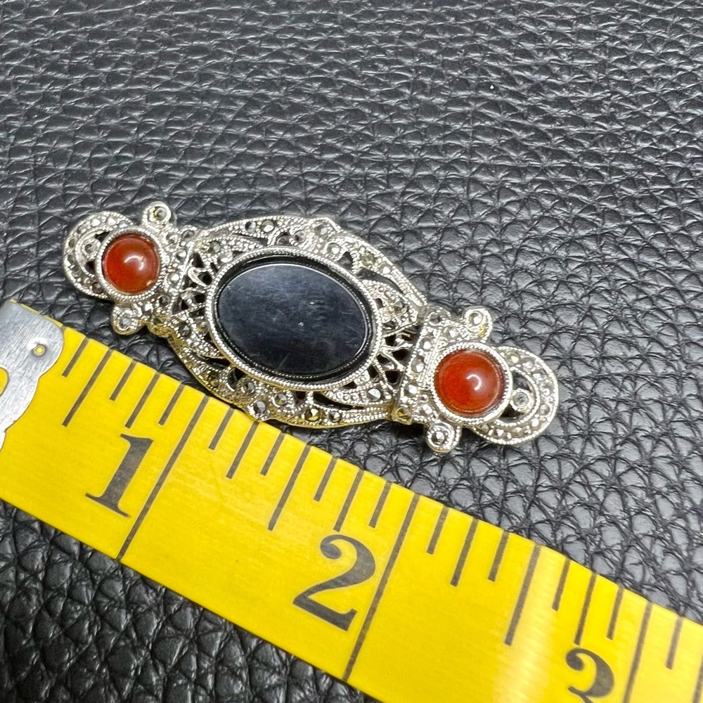 Vintage Onyx Red Glass & Marcasite Silver Tone Brooch 2 ½” - Picture 11 of 11